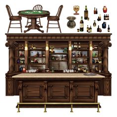 an old fashioned bar with stools and bottles