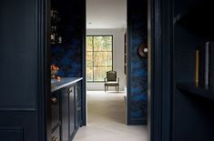 an open door leading to a kitchen with blue wallpaper on the walls and floor