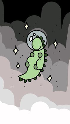 an illustration of a green dinosaur in the clouds with stars on its head and tail