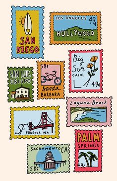 postage stamps with the names of different cities and locations on them, including san francisco