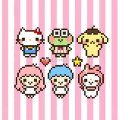 some pixel art with different faces and hair on pink striped background, including an image of two