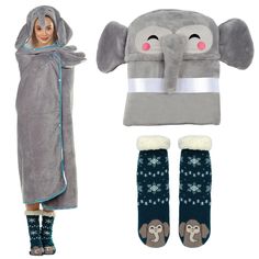 PRICES MAY VARY. Package Includes: One set includes a cute snuggle elephant blanket and a pair of fuzzy elephant socks. This set provides extra warmth and coziness, making it a great gift for your elephant lover friends. Elephant Blanket: Stay warm and cozy with our wearable hooded animal blanket made of high-quality soft sherpa fleece. This versatile blanket can be worn as a cloak, allowing you to go hands-free. It's perfect for wrapping yourself up in, and it's machine washable for easy care. Elephant Accessories, Grey Throw Blanket, Elephant Blanket, Christmas Elephant, Animal Blanket, Non Slip Socks, Grey Throw, Presents For Women, Blanket Hoodie