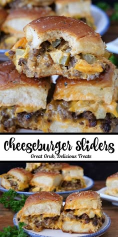 the cheeseburger sliders are stacked on top of each other and ready to be eaten