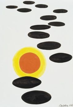 an abstract painting with black and orange circles