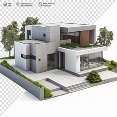 an architectural rendering of a modern house with trees and shrubs on the roof, transparent background