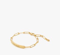 Our classic ID bracelet celebrates some of our favorites turns of phrase. This minimalist gold-tone one is engraved with some sweet words: heart of gold. (We mean yours by the way.) | Kate Spade Heart Of Gold Id Bracelet Kate Spade Everyday Bracelet Jewelry, Personalized Heart-shaped Gold Bracelet, Kate Spade Gold Bracelet Jewelry, Elegant Kate Spade Metal Bracelets, Adjustable Gold Kate Spade Bracelets, Kate Spade Heart, Id Bracelets, Sweet Words, Women Accessories Jewelry