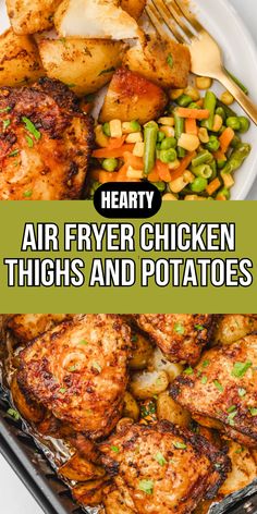 air fryer chicken thighs and potatoes with text overlay