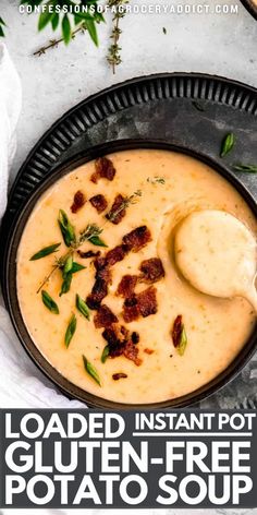 loaded instant pot gluten - free potato soup in a black bowl with a spoon