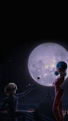 two people standing in front of a full moon with one pointing at the other side