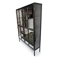 a black cabinet with glass doors and drawers