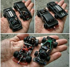 three pictures of a toy car being held in the palm of someone's hand