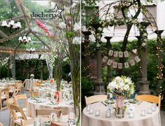 an outdoor wedding reception set up with tables and chairs