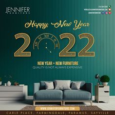 the happy new year 2020 advertises an elegant living room with blue walls and furniture