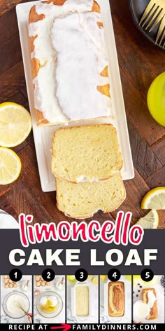 a loaf of lemon cake with icing sitting on a cutting board next to sliced lemons