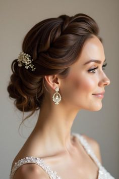 a woman in a wedding dress wearing a bridal hair piece with pearls on it