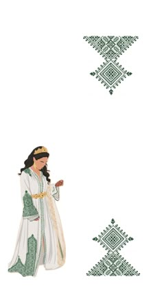 a woman in white and green dress standing next to an ornate design on the wall