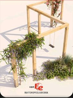 a wooden structure with plants growing out of it and the words modern play written below