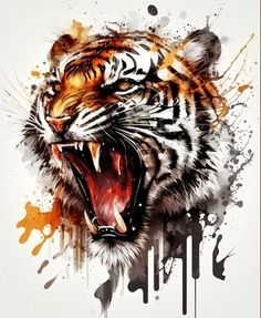 a tiger with its mouth open and it's teeth painted orange, black and white