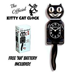 a black cat clock with the caption kittyy cat clock free aa battery included