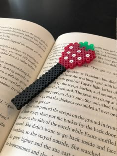 a book with an apple on top of it and a black pen in the middle