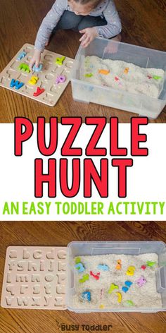 an easy toddler activity that is perfect for busy toddlers to play with the letter puzzle hunt