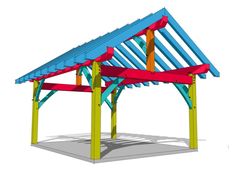 a blue and red wooden structure on top of a white ground with no one in it