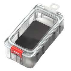 an empty plastic case with a red handle on the bottom and black top in it