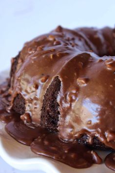 a chocolate bundt cake on a white plate