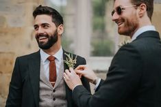 Wedding Suits Green Tie, Groomsmen Attire Burnt Orange, Autumn Wedding Suit, Fall Wedding Mens Attire, Winter Groom Attire, Burnt Orange Tie, Green Braces, Wedding Whimsical, Pampas Grass Bouquet