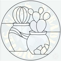 a drawing of a potted plant with two hot air balloons in the middle, inside a circle