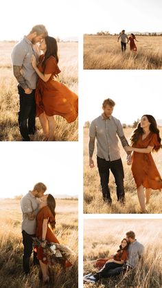 four different pictures of people standing in the grass with their arms around each other and kissing