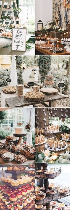 an assortment of desserts and pastries on display at a wedding or bridal party