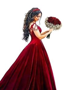 a drawing of a woman in a red dress holding a bouquet of flowers and looking down at the ground