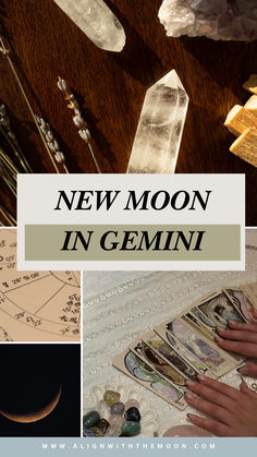 new moon in gemini with crystals and tarts on the table next to it