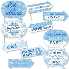 snow themed party photo booth props for winter birthdays and baby showers with handwritten text