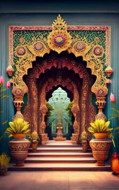 an ornate archway with potted plants and flowers on the steps leading up to it