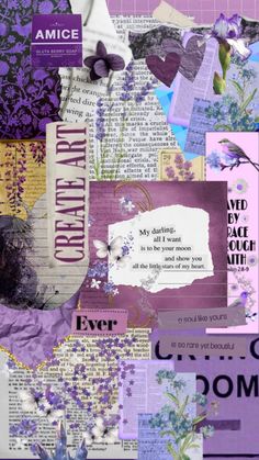 altered collage with flowers and words in purple, lavender and white colors on paper