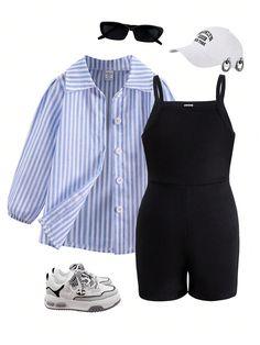 2pcs/Set Young Girl Casual Fashionable Blue & White Striped Shirt Top + Knitted Suspender Shorts, Stylish Outfit For Fall Blue   Long Sleeve,Sleeveless Woven Fabric,Rib knit Geometric  Non-Stretch,Slight Stretch  Young Girls Clothing, size features are:Bust: ,Length: ,Sleeve Length: Blue And White Striped Shirt, Casual Girl, Girls Clothing, Striped Shirt, Stylish Outfits, Rib Knit, Top Shirt, Length Sleeve, Blue And White