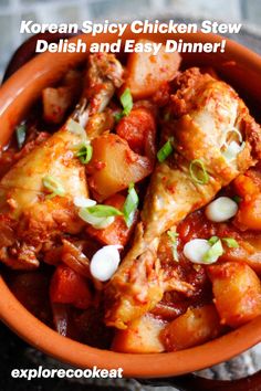 an orange bowl filled with chicken stew and potatoes