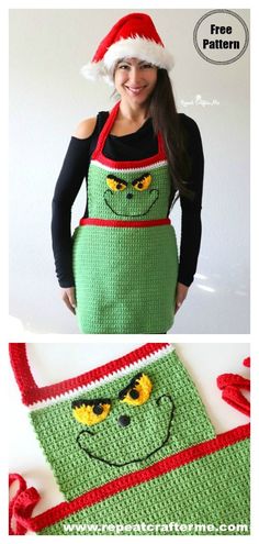 a woman wearing an apron and santa's hat with the words free crochet pattern