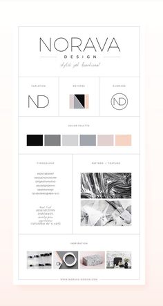 the website design for norava designs is shown in white and grey colors, including black