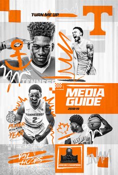 an orange and white poster with images of basketball players