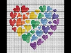 a cross stitch pattern with hearts in different colors and sizes on the bottom half of it