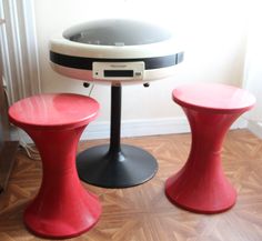 "Red Space Age chairs Set of 2 Space age stool Tam Tam by Henri Massonnet Space age red chair Space age red stool Red Plastic Vintage stool Vintage red stools Tam Tam by Henri Massonnet. Set of 2. Time marks. Dimensions Height: 17.3\" / 44 cm Diameter: 11.8\" / 30 cm It is a vintage item, it is sold as is. Since most items have been previously used over time, they may show signs of wear. I make every effort to describe and photograph each item and give the most information possible. If you have Space Age Furniture, Red Stool, Gold Leaf Decor, Red Space, Vintage Stool, Red Chair, Space Age, Step Stool, Chair Set