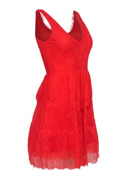 Go sweet and sassy with this frock from BCBG Max Azria! Made with tons of lush lace in a ravishing red hue, this spicy dress is perfect for a night of salsa dancing. Style with sky high stilettos and a matching red lip and you’ll be sure to stun on the dance floor! Size XS Shell: 100% Nylon Contrast: 100% Polyester Lining: 90% Polyester, 10% Spandex Concealed back zipper Lined w/ mesh lining inside skirt hem Fit and flare silhouette V-neckline Sleeveless All-over lace design Tiered skirt Bust 30 Cheap Red Dress With Lace Trim, Luxury Red Lace Midi Dress, Spicy Dress, High Stilettos, Bcbg Max Azria, French Fashion Designers, Salsa Dancing, On The Dance Floor, Max Azria