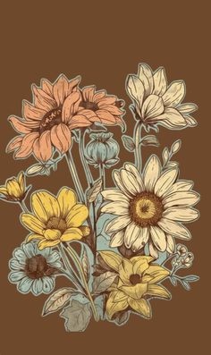 a bunch of flowers on a brown background