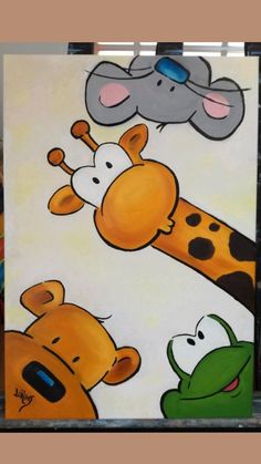 a painting of three different animals on a canvas