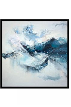 an abstract painting with blue and white colors