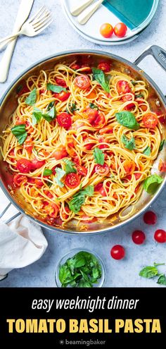 a pan filled with tomato basil pasta on top of a table