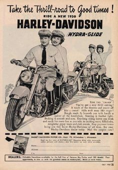 an old advertisement for harley davidson motorcycles with two men riding on the back of it